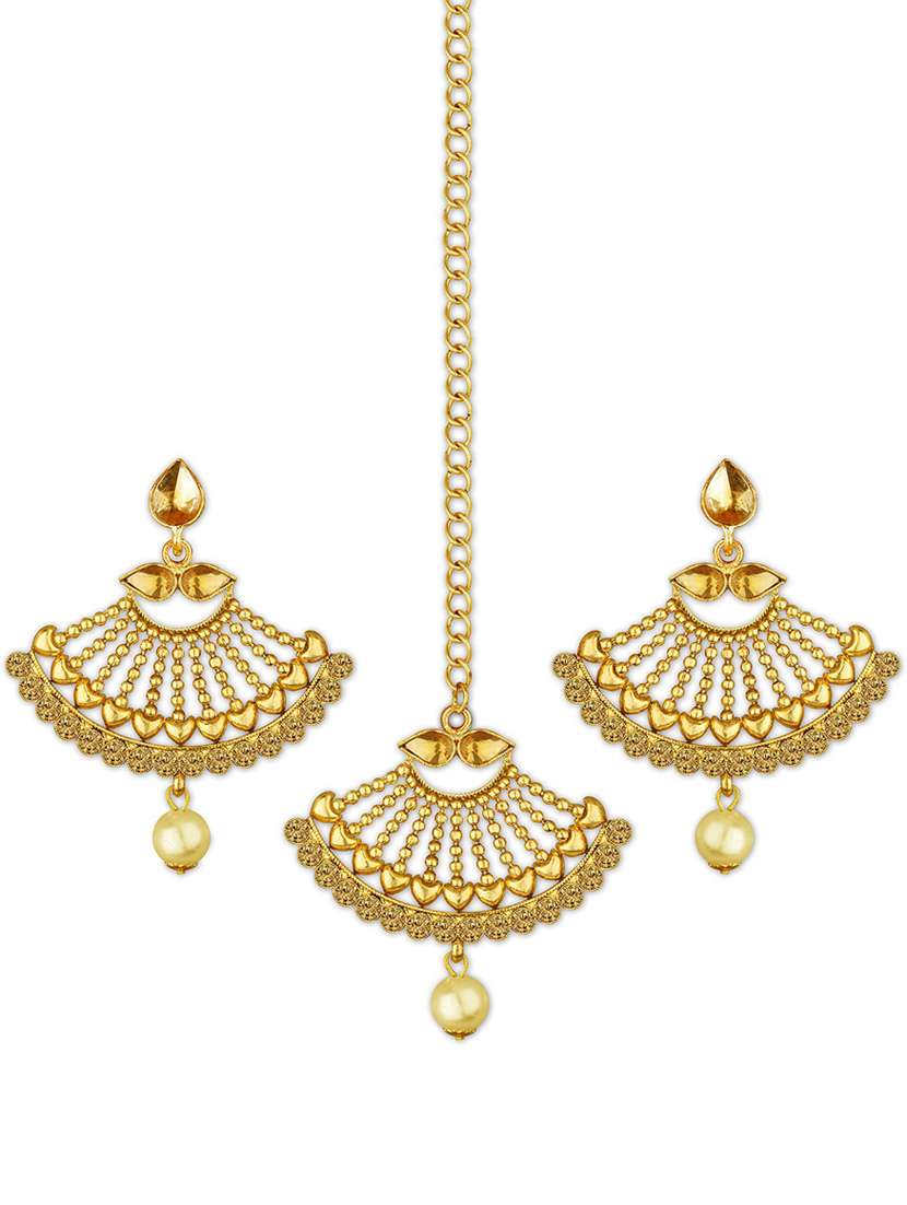 gold plated 1 maangtikka, 2 earring set - 18567634 - Zoom Image - 0