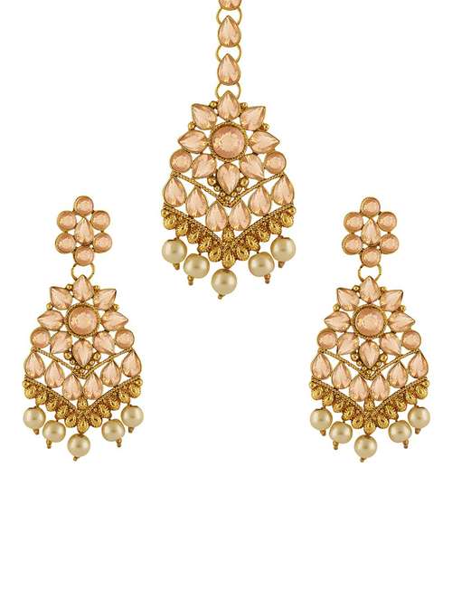 gold plated 1 maangtikka, 2 earring set - 18567642 - Standard Image - 0