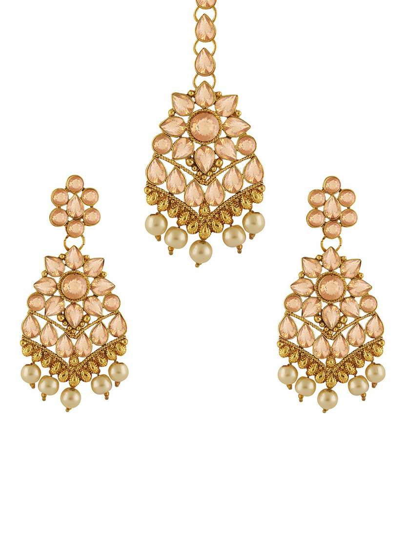 gold plated 1 maangtikka, 2 earring set - 18567642 - Zoom Image - 0