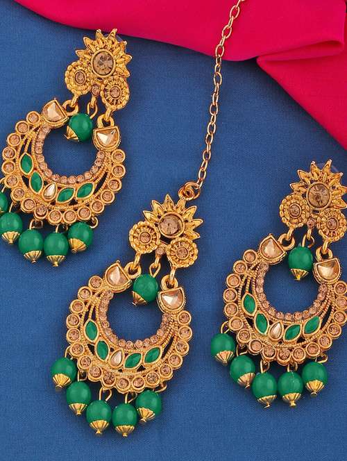 gold plated 1 maangtikka, 2 earring set  - 18567647 -  Standard Image - 0