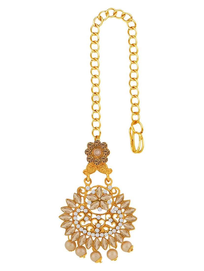 gold plated 1 maangtikka, 2 earring set  - 18567648 -  Standard Image - 3
