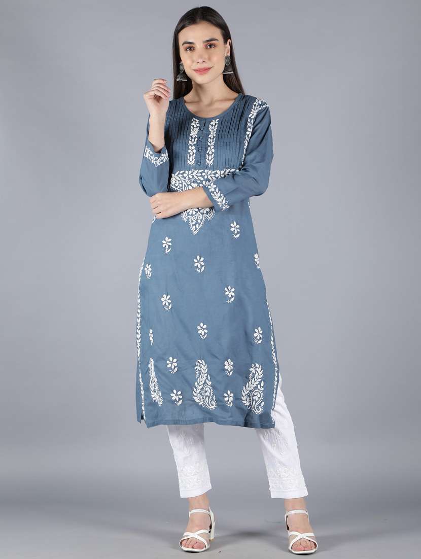 blue embroidered straight kurta