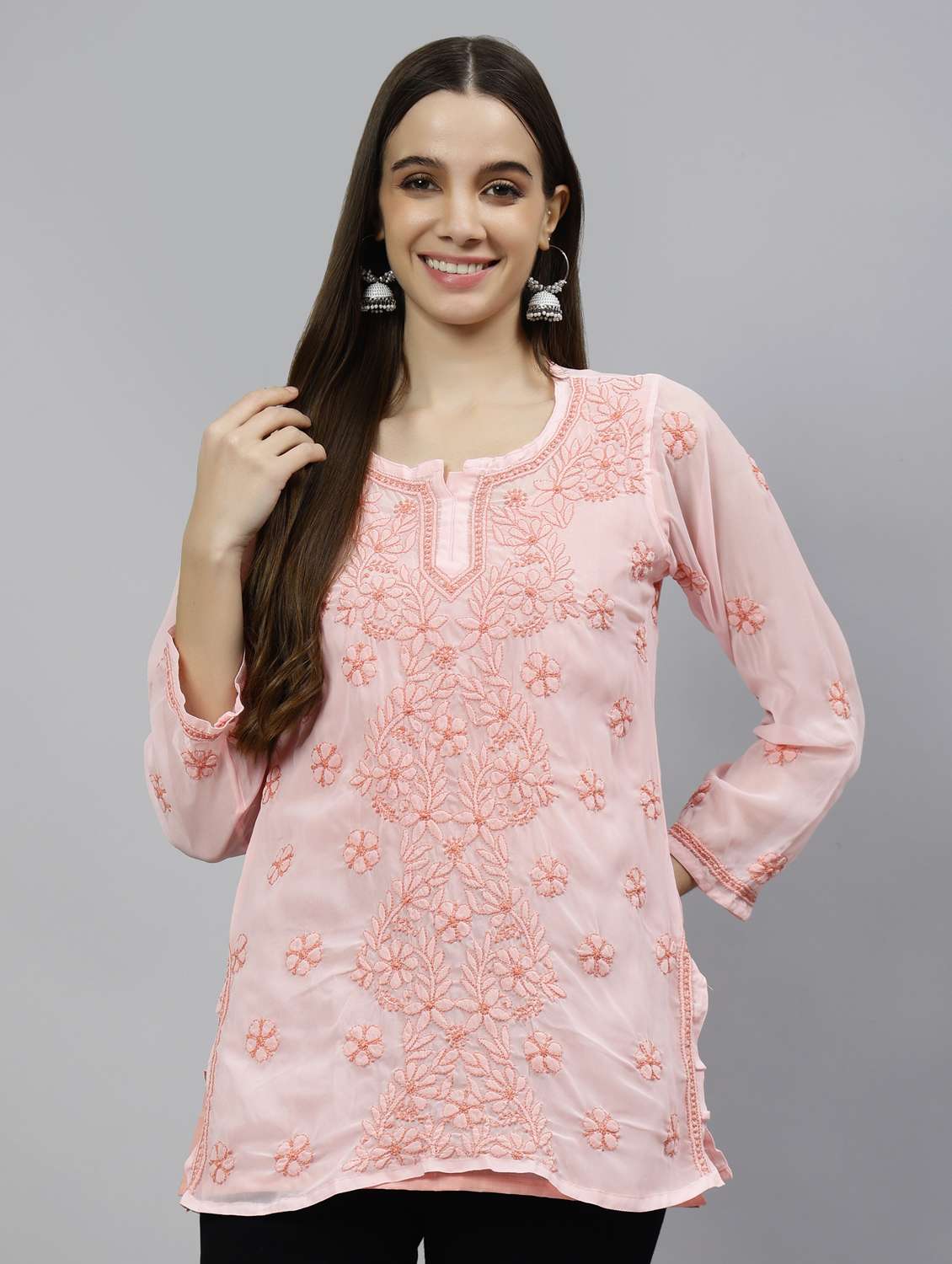 pink embroidered straight kurti  - 18573341 -  Zoom Image - 0