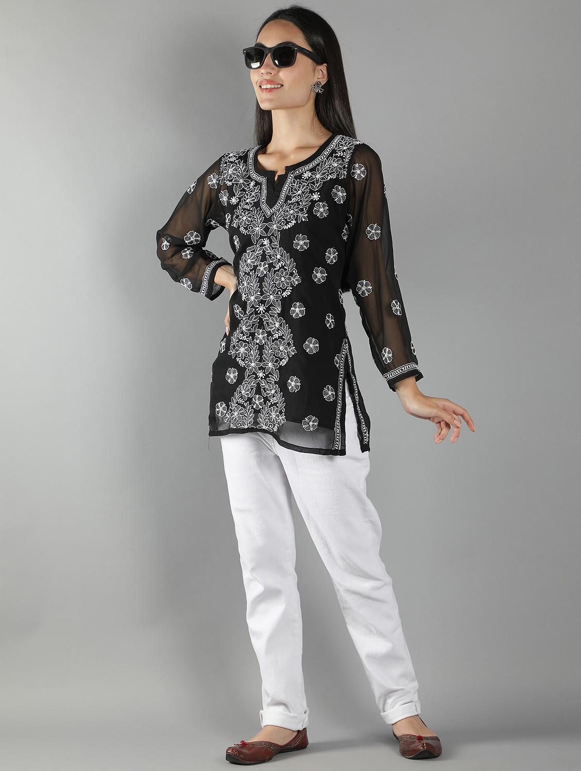 chikankari embroidered short kurti - 18573343 - Standard Image - 3