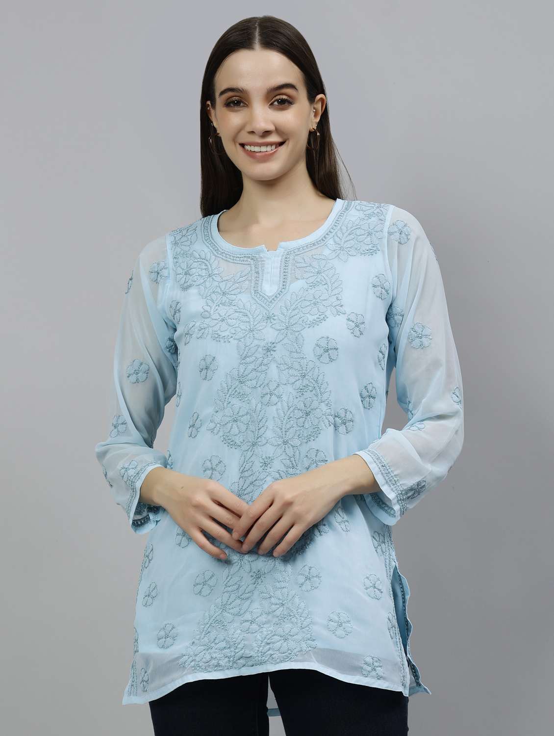 blue georgette straight kurti - 18573346 -  Zoom Image - 0
