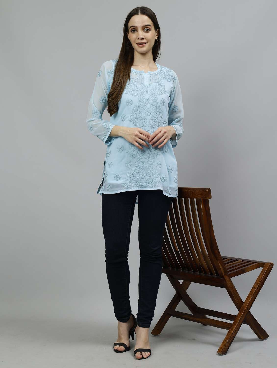 blue georgette straight kurti - 18573346 - Standard Image - 5
