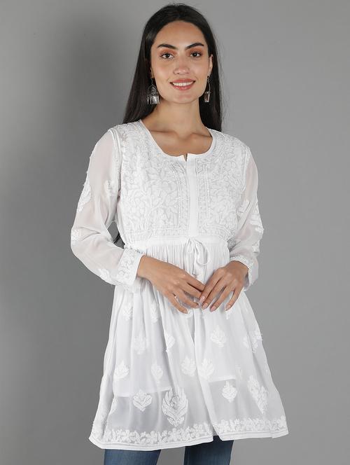 chikankari embroidered short kurti - 18573347 -  Standard Image - 0