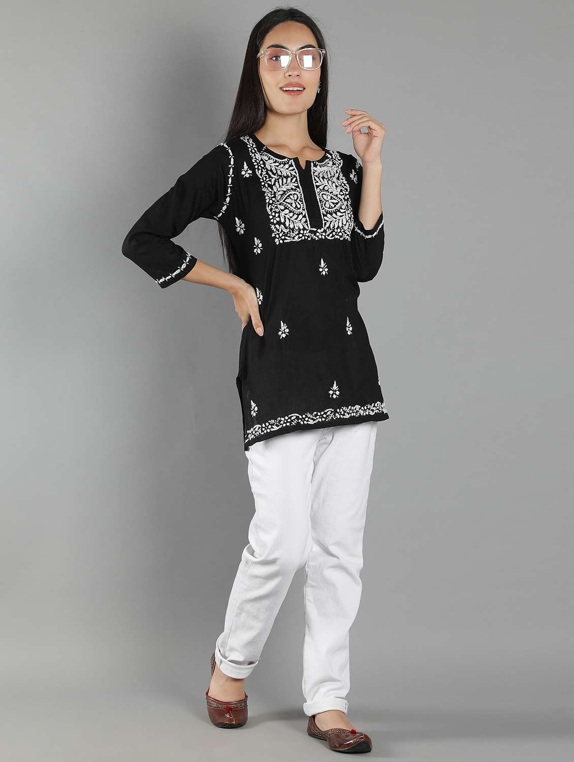 chikankari embroidered short kurti - 18573350 - Standard Image - 3