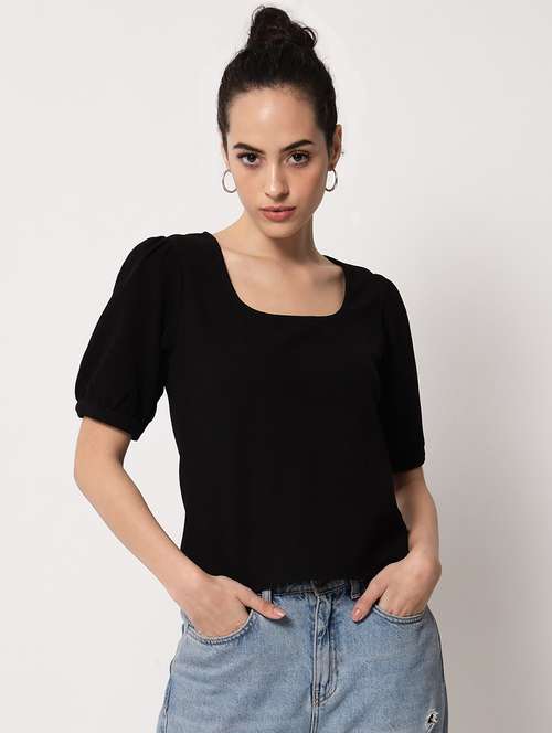 women's solid black round neck top - 18575128 -  Standard Image - 0