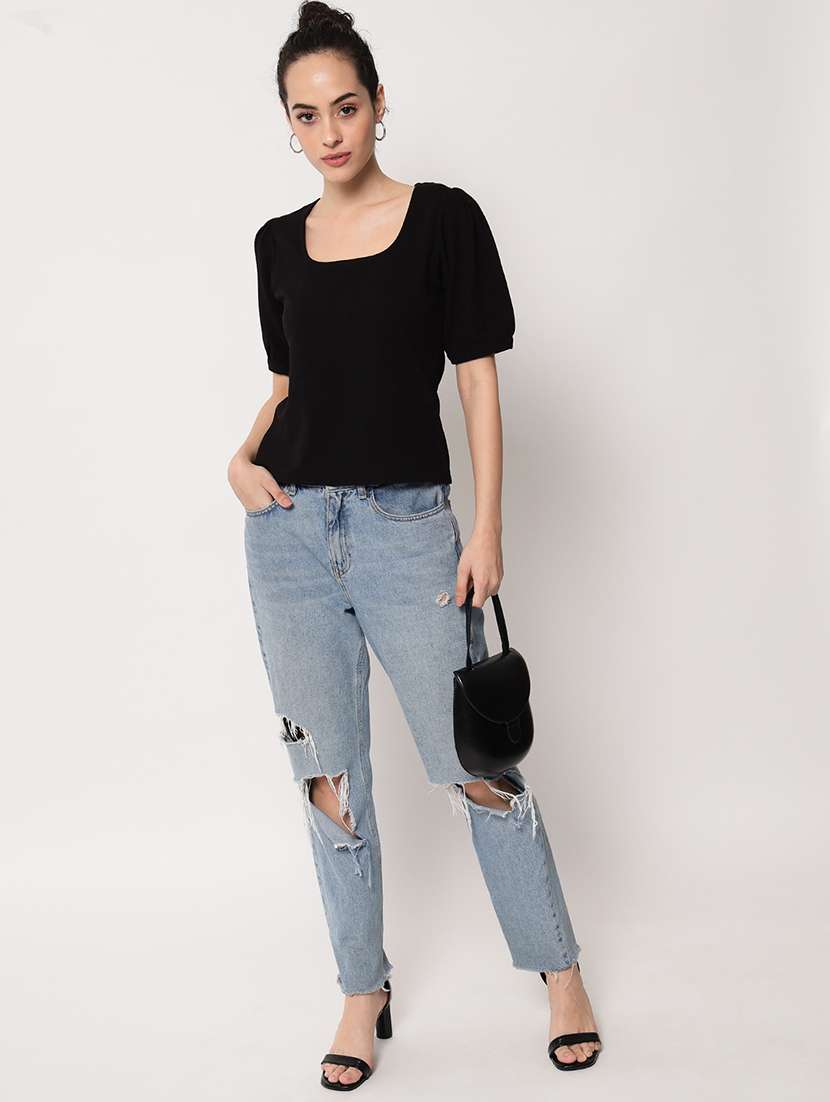 women's solid black round neck top - 18575128 -  Standard Image - 3