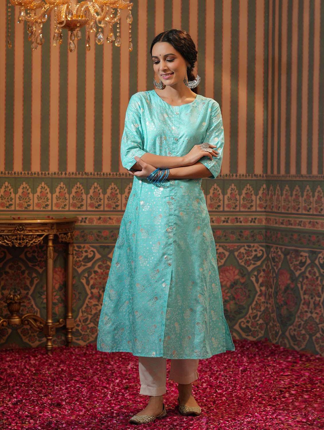 blue chanderi aline kurta