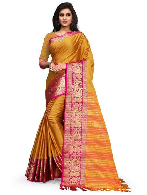 women's self design mustard colored saree with blouse - 18577636 -  Standard Image - 0