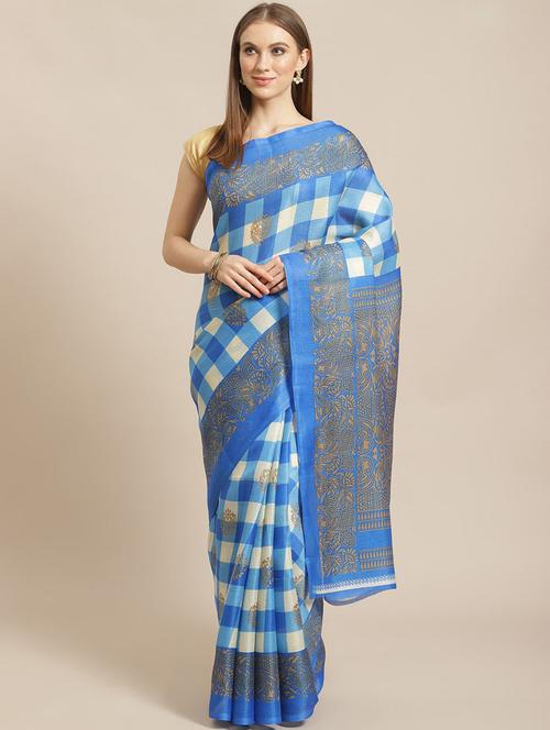 women's checks blue colored saree with blouse - 18577688 - Standard Image - 0