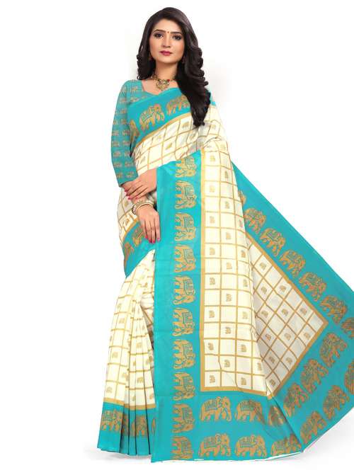 women's printed white colored saree with blouse - 18583156 - Standard Image - 0