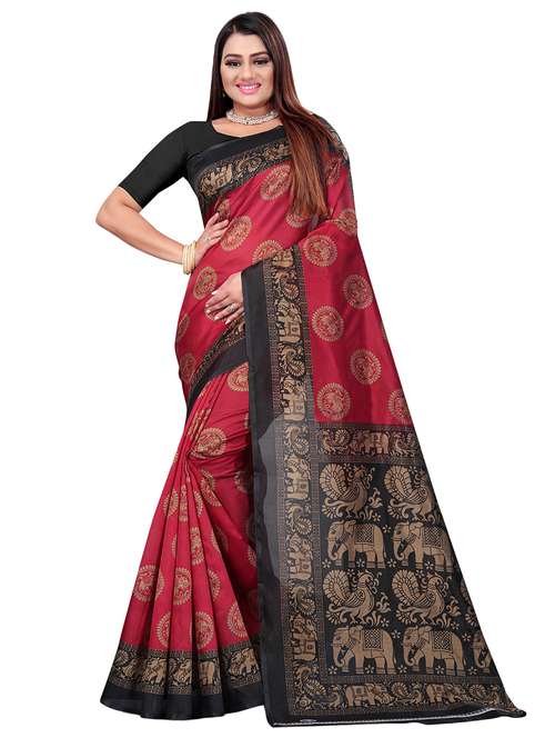 women's printed maroon colored saree with blouse - 18583423 - Standard Image - 0