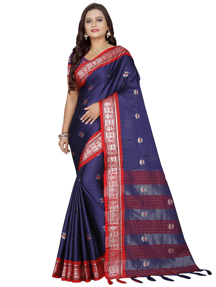 women's self design navy blue colored saree with blouse - 18583444 - Zoom Image - 0