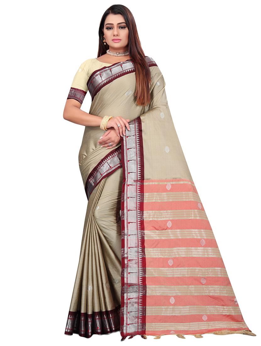 women's self design beige colored saree with blouse - 18583464 - Zoom Image - 0