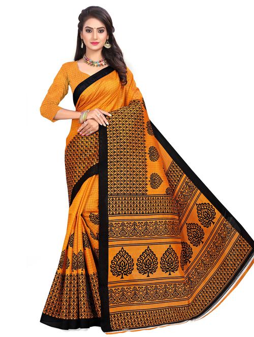 women's block print mustard colored saree - 18584117 - Standard Image - 0
