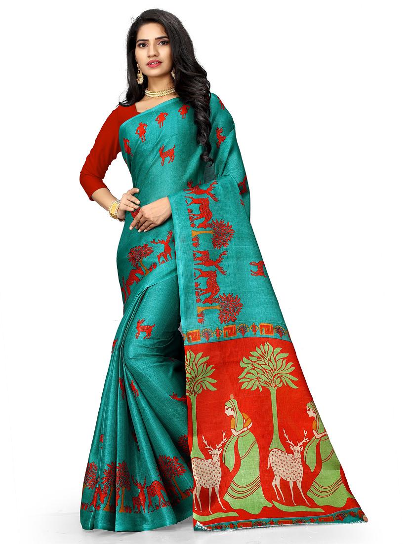 women's warli teal colored saree with blouse - 18584625 - Zoom Image - 0