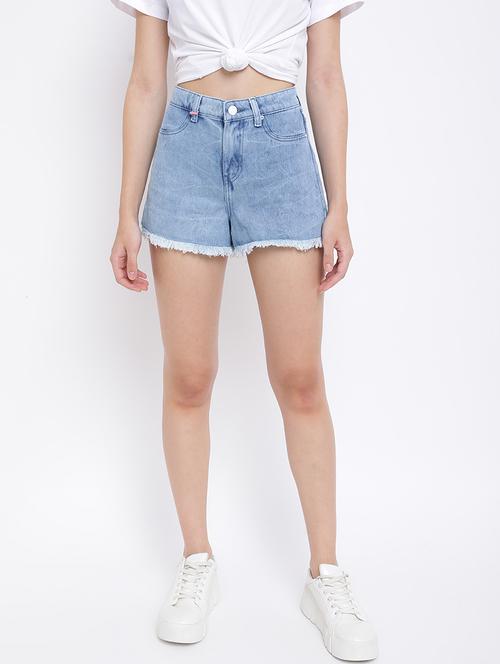 women light blue denim solid shorts - 18587151 -  Standard Image - 0