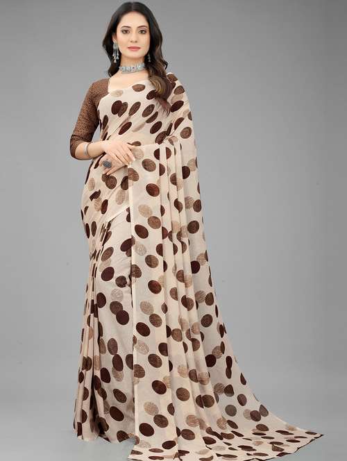 women's polka dots beige colored saree with blouse - 18587215 - Standard Image - 0