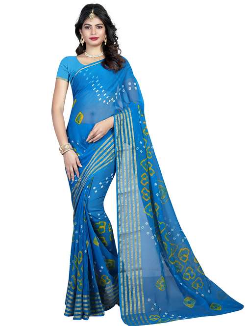 women's bandhani blue colored saree with blouse - 18587673 - Standard Image - 0
