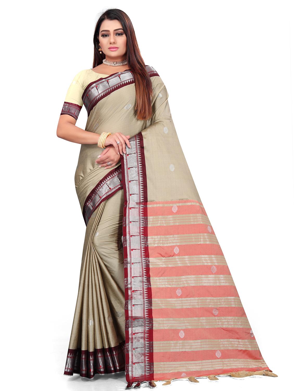 women's self design beige colored saree with blouse - 18587740 - Zoom Image - 0