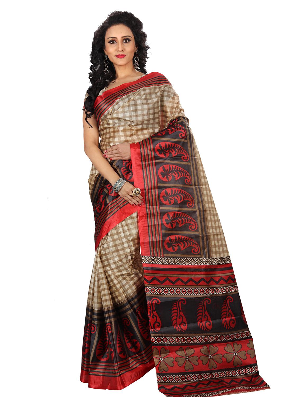 women's checks beige colored saree with blouse - 18588456 - Zoom Image - 0