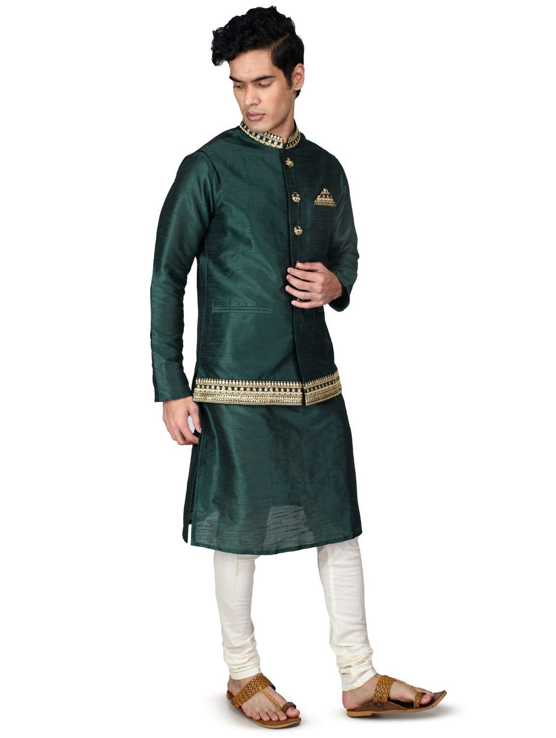 self designed kurta pyjama with jacket - 18590806 -  Standard Image - 3
