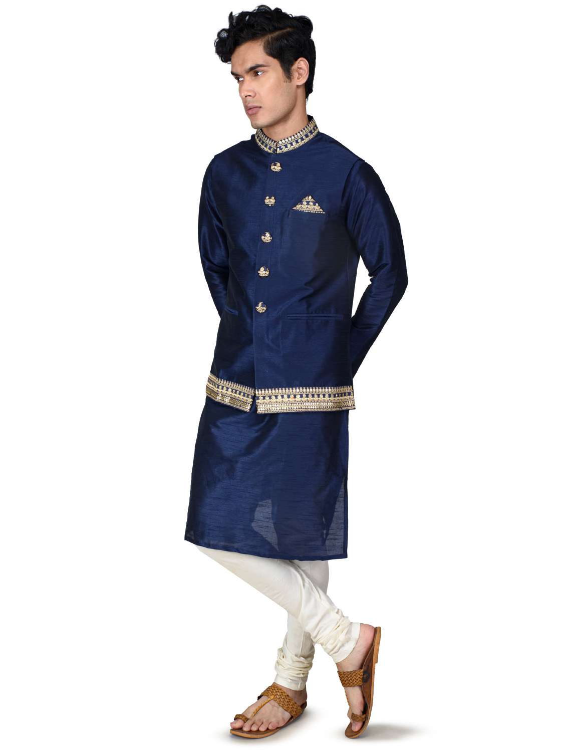 self designed kurta pyjama with jacket - 18590807 -  Standard Image - 3
