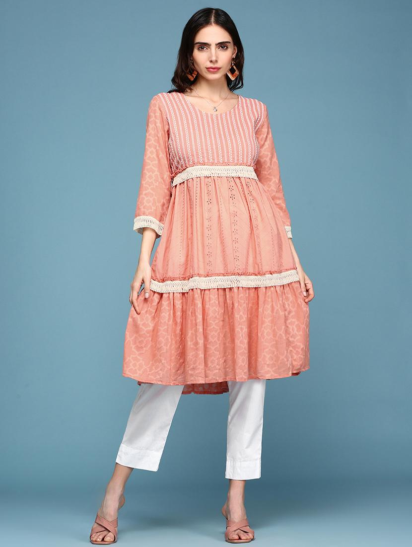 women three quarter sleeves schiffli detailed tiered kurta - 18590960 -  Zoom Image - 0