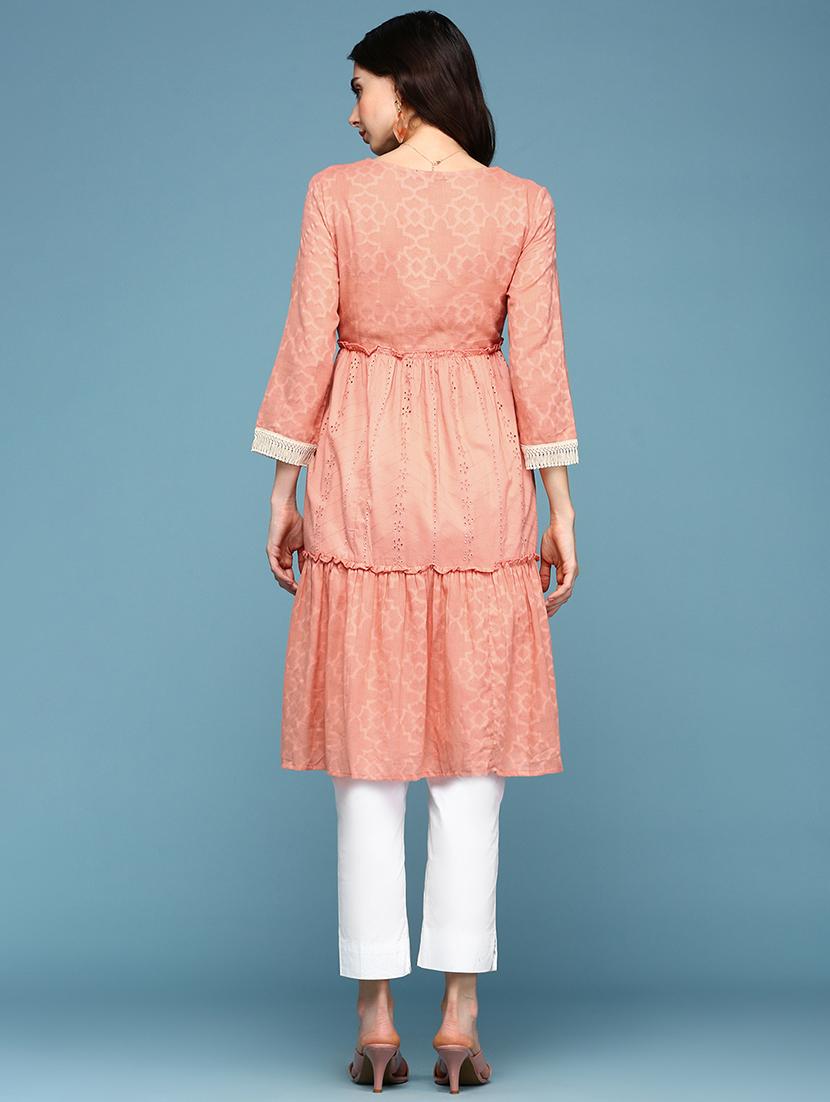 women three quarter sleeves schiffli detailed tiered kurta - 18590960 - Standard Image - 3