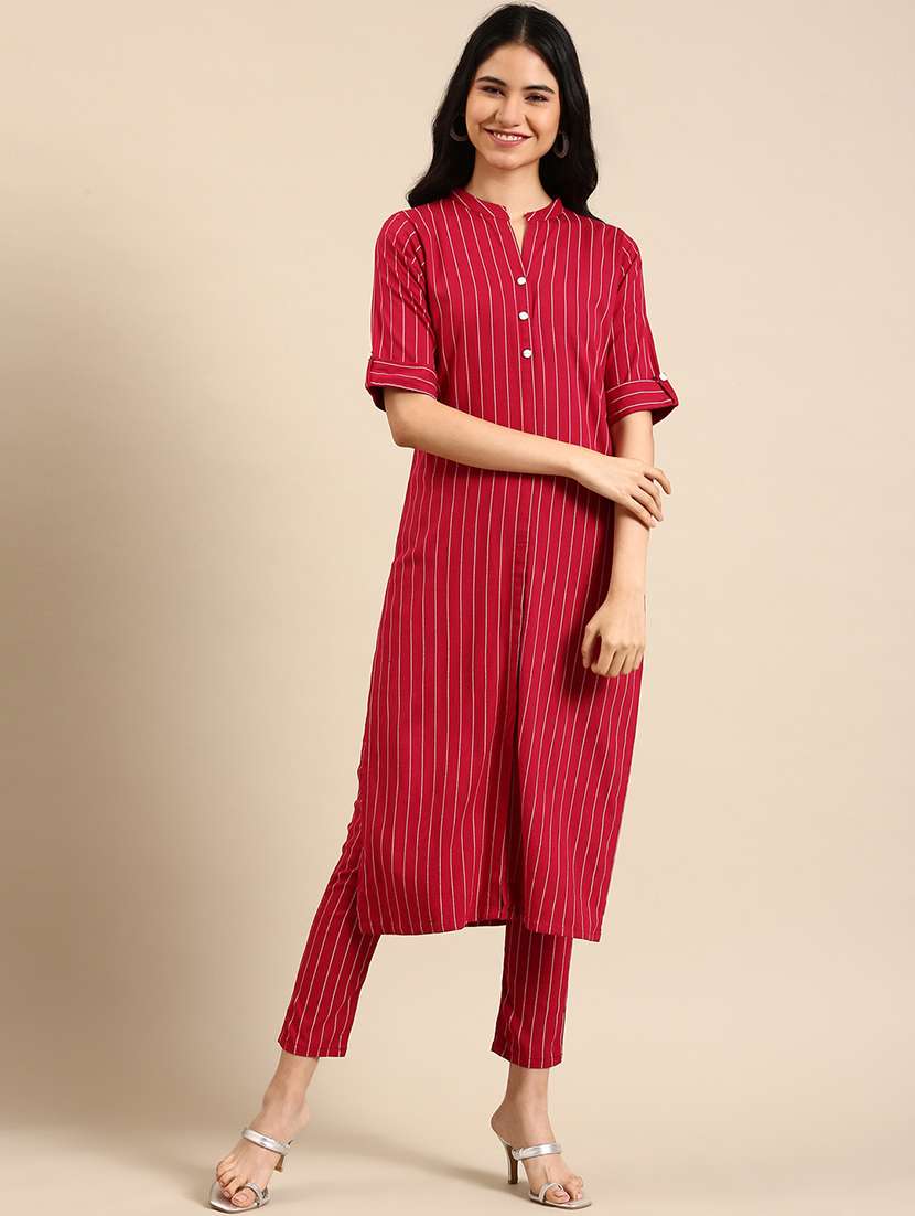 women stripes mandarin neck kurta pant set