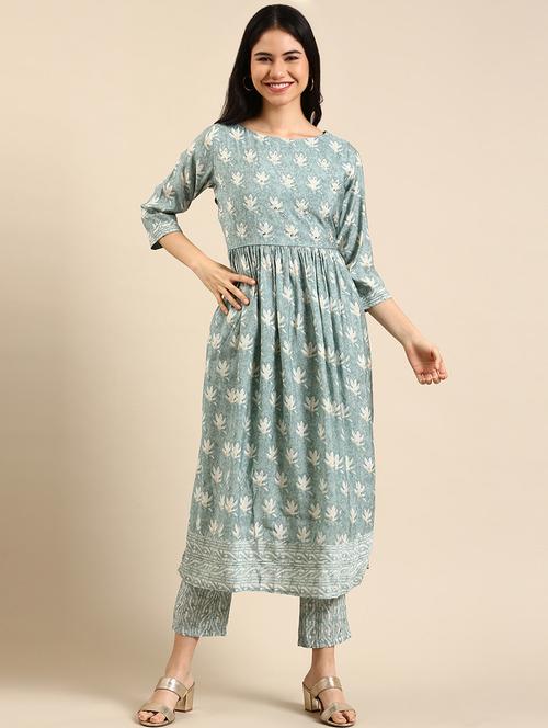 women floral round neck kurta pant set - 18591195 - Standard Image - 0