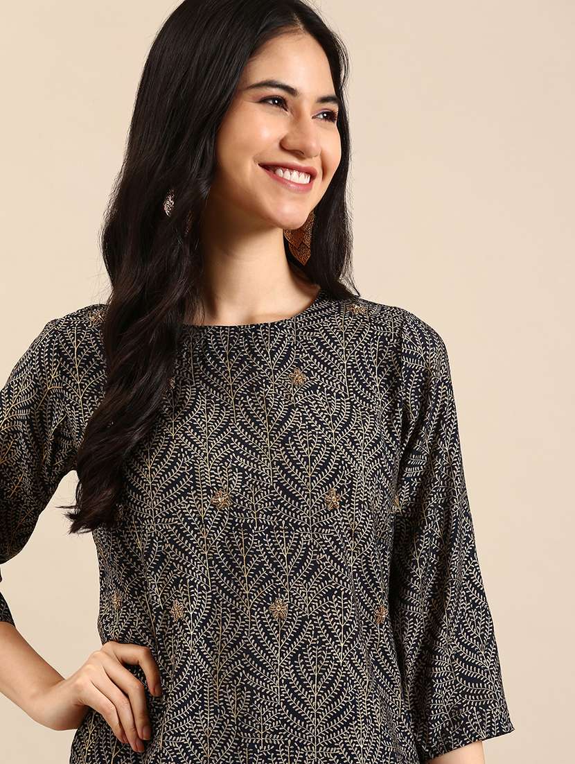 women printed round neck kurta palazzo set - 18591214 -  Standard Image - 3