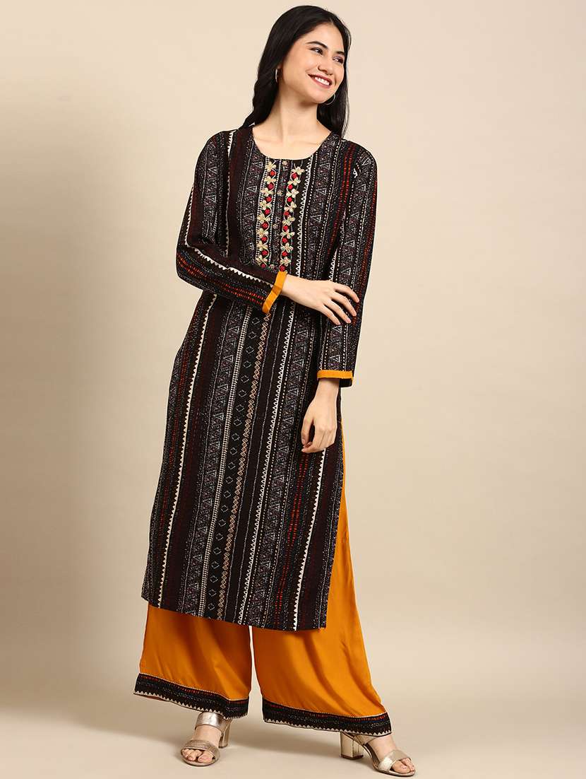 women black printed round neck kurta palazzo set