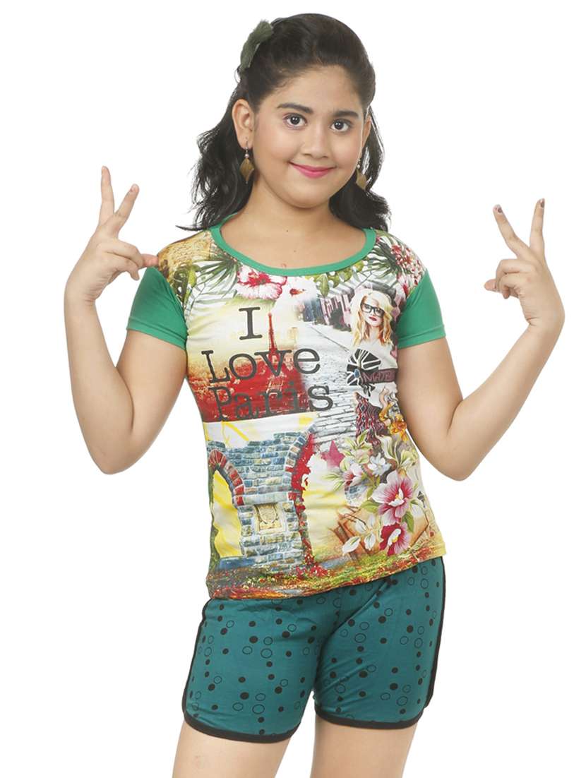 girls round neck printed nightwear shorts set