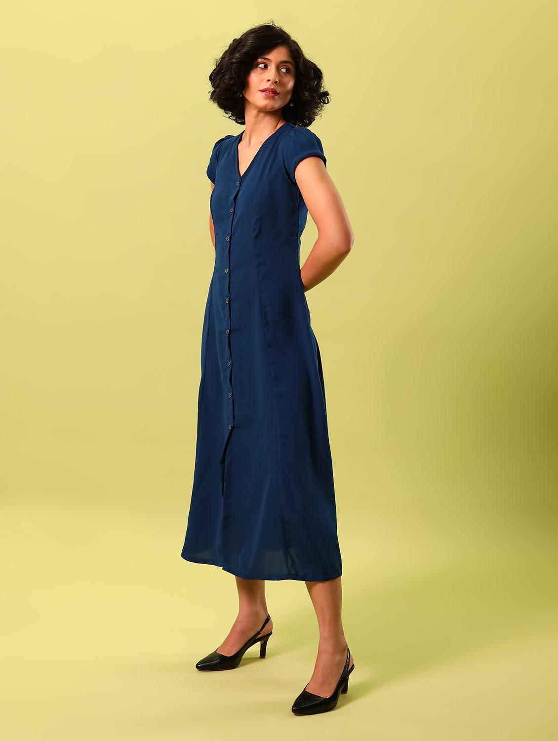 women blue solid v neck a-line dress - 18603774 - Standard Image - 3