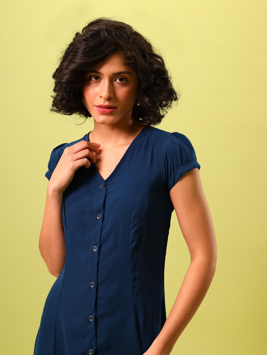 women blue solid v neck a-line dress - 18603774 - Standard Image - 5