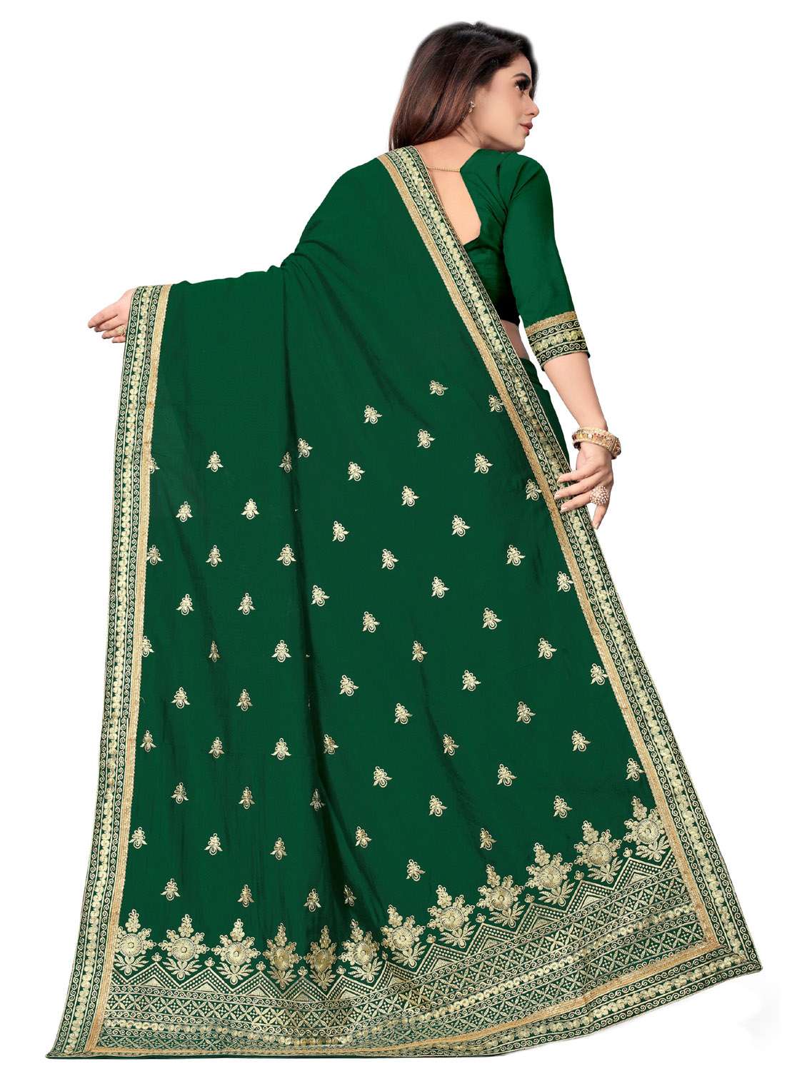green embroidered saree with blouse piece - 18613776 - Standard Image - 3