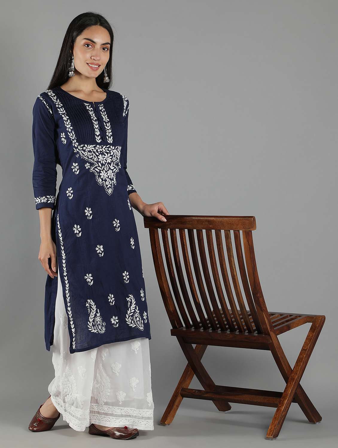 navy blue chikankari embroidered straight kurta - 18616425 - Standard Image - 3