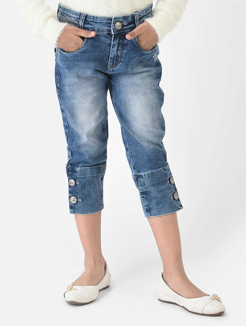 girls solid blue denim three fourth