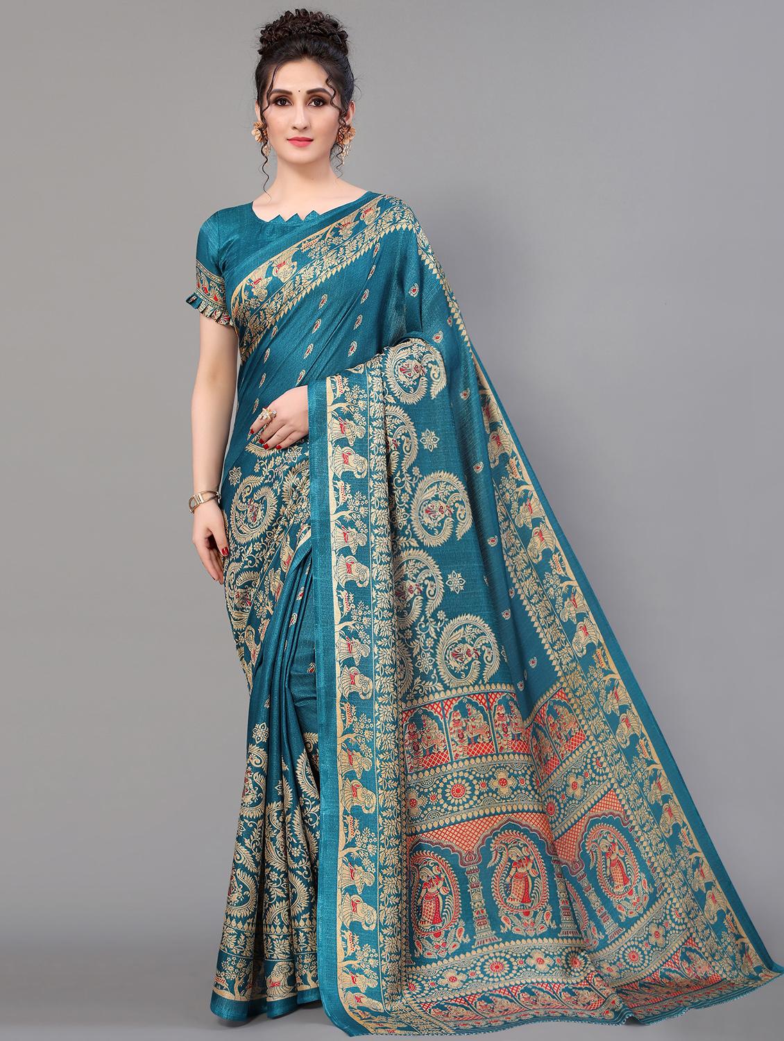 turquoise silk blend mysore saree with blouse - 18627145 - Zoom Image - 0