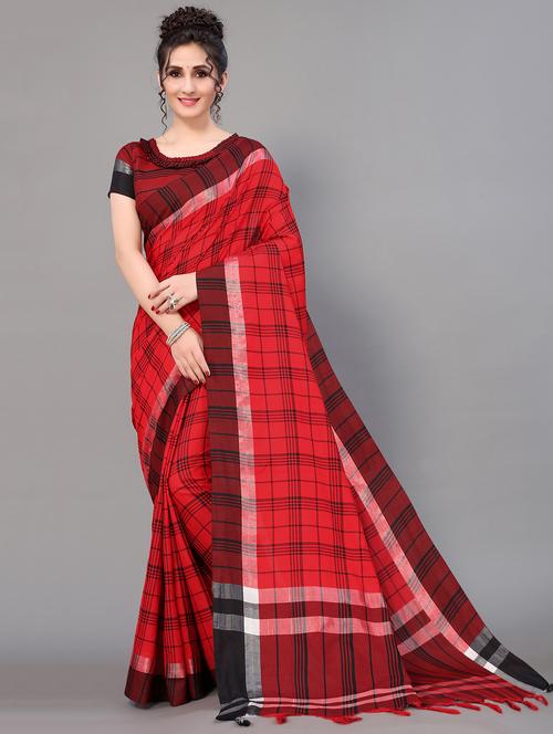 checkered handloom saree with blouse - 18627195 - Standard Image - 0