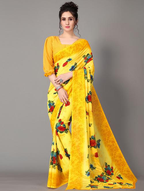 yellow georgette printed saree with blouse - 18627251 - Standard Image - 0