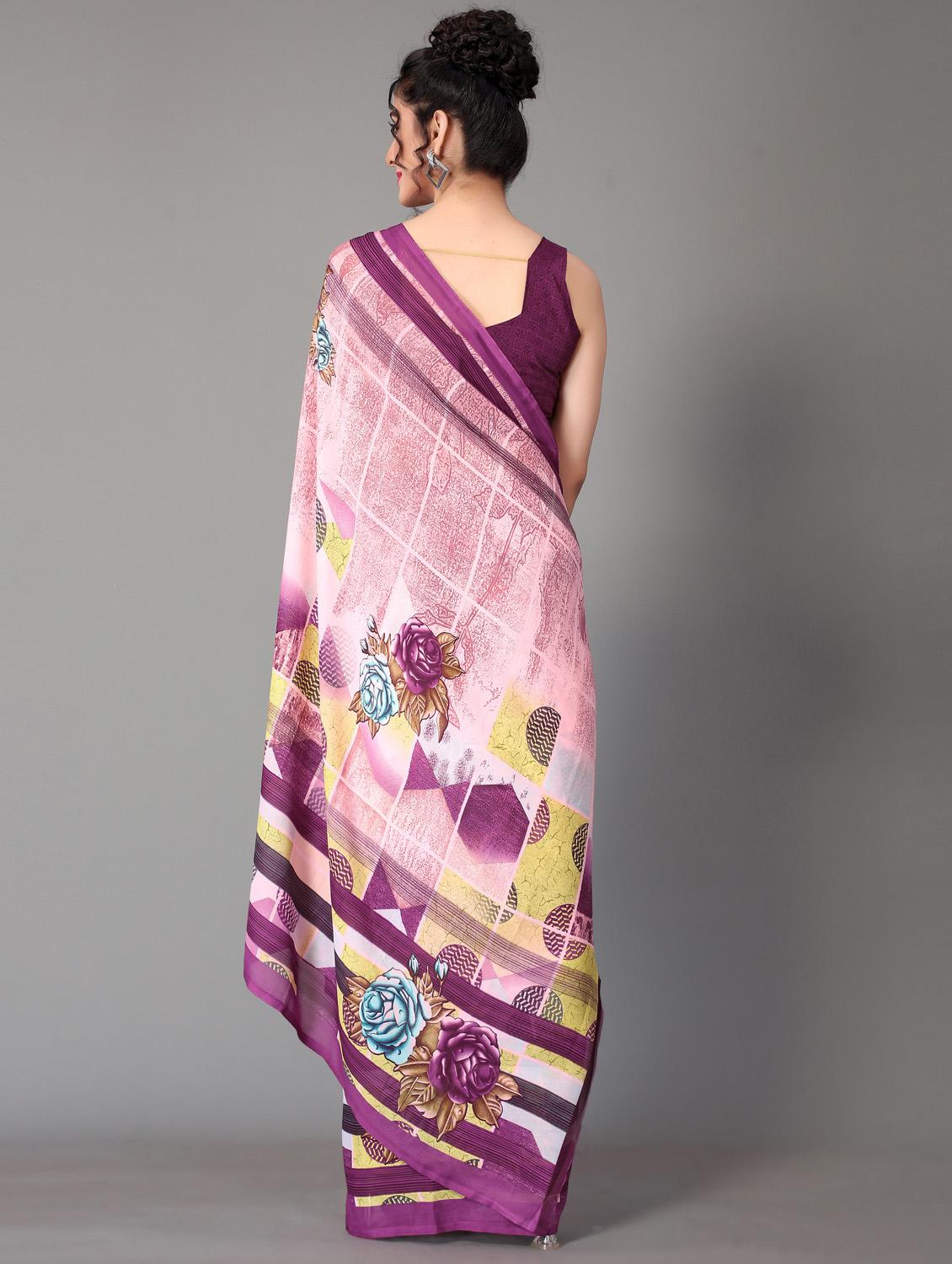 purple printed saree with blouse piece - 18627285 - Standard Image - 3