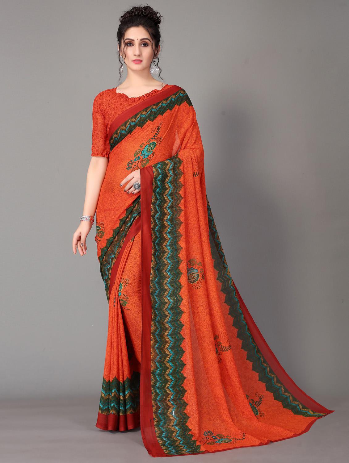 orange printed saree with blouse piece - 18627286 - Zoom Image - 0