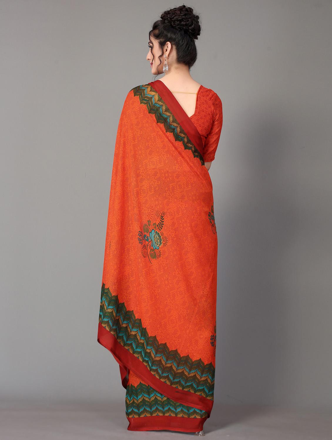 orange printed saree with blouse piece - 18627286 - Standard Image - 3