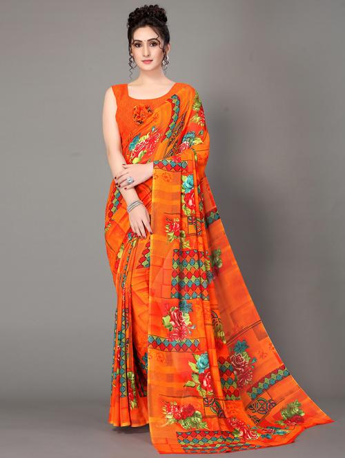 orange printed saree with blouse - 18627331 - Standard Image - 0