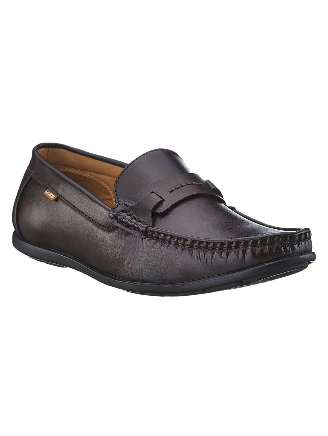brown synthetic slip on loafers